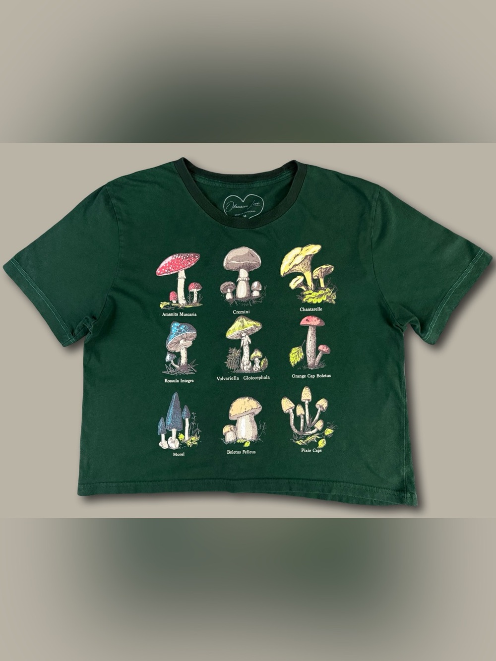 Obsessive Love Green Mushroom Botanical Graphic Crop Tee M